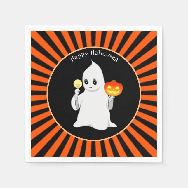 Serviette En Papier Halloween Ghost & Citrouille sur Black & Orange (Devant)