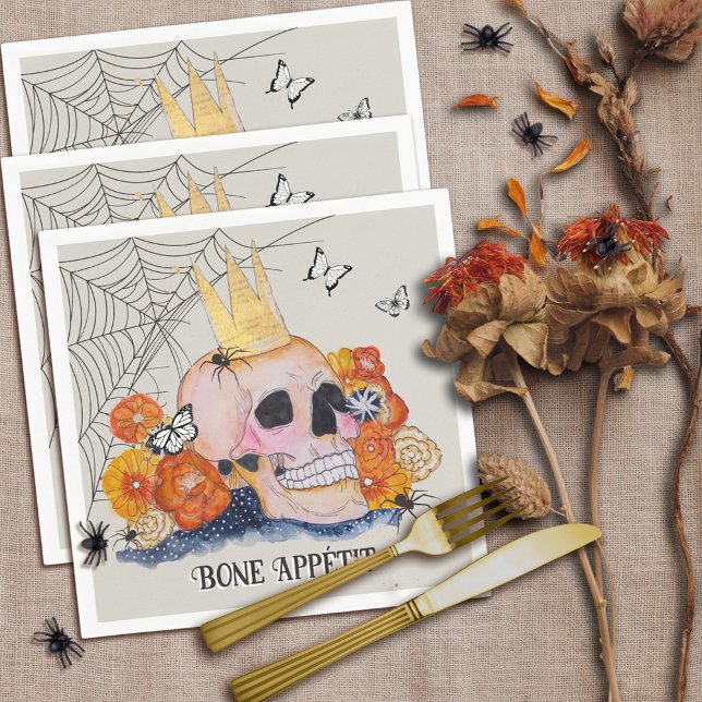 Serviette En Papier Halloween Hull Couronne Papillon Araignée Éffrayan (Spooky cottagecore Halloween skull and fall flowers original art by Malissa Melrose)