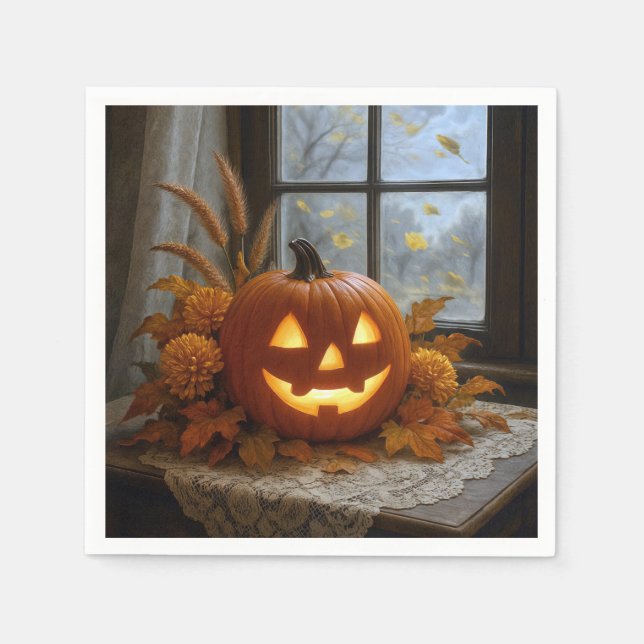 Serviette En Papier Halloween Jack-o-Lanterne En Fleurs D'Automne (Devant)