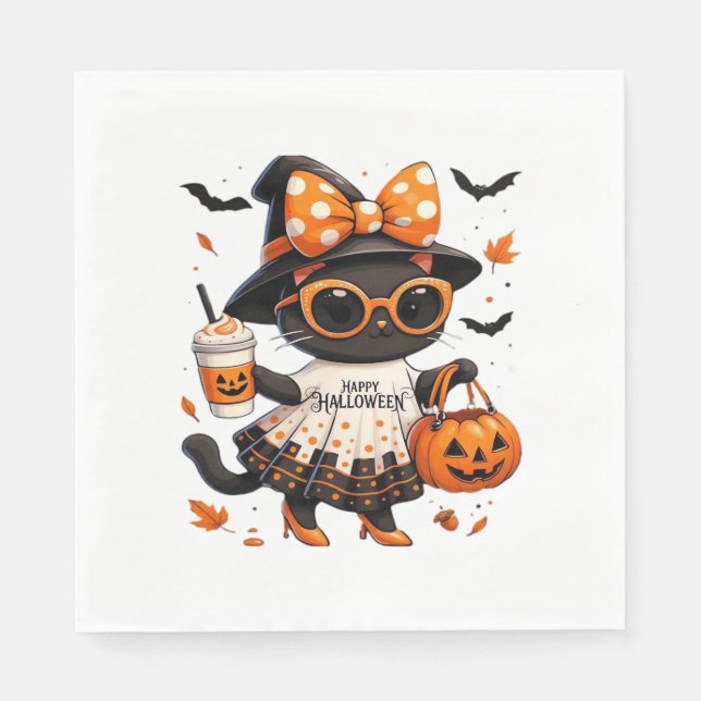 Serviette En Papier Halloween Kawaii Chat - Chat de sorcière avec Citr (Devant)