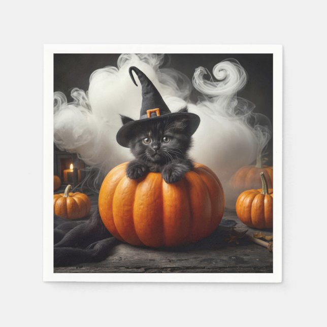 Serviette En Papier Halloween Kitten noir en Citrouille (Devant)