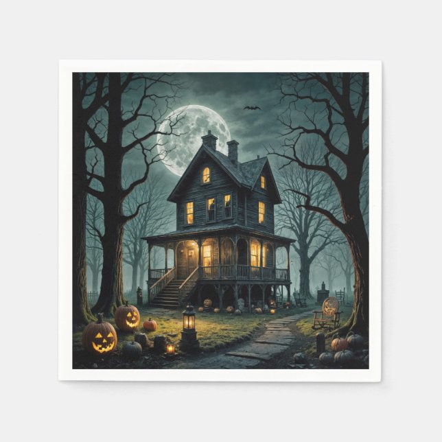 Serviette En Papier Halloween Maison hantée avec Jack-o-lanterns (Devant)