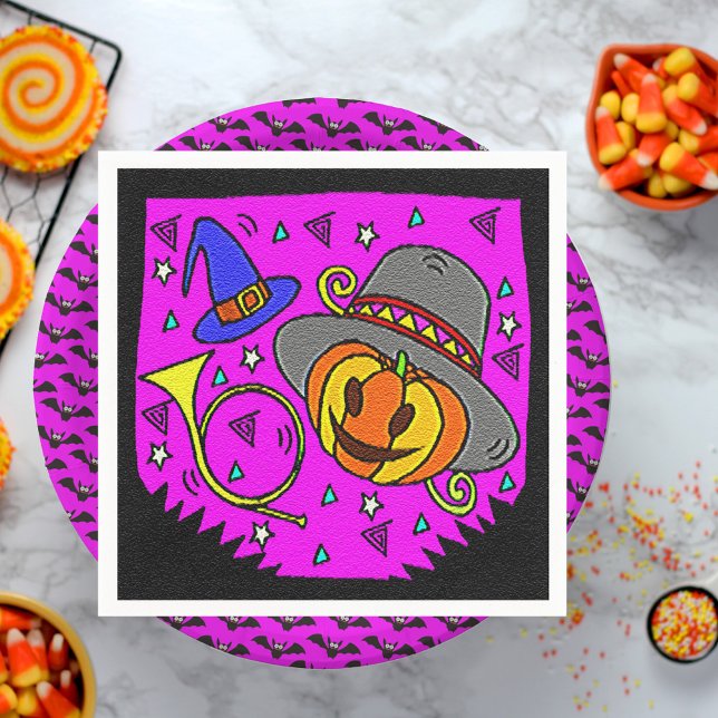 Serviette En Papier Halloween Party Jack OLantern Bugle Purple Papier (Halloween Party Jack O'Lantern Bugle Bats Purple Paper Napkins)