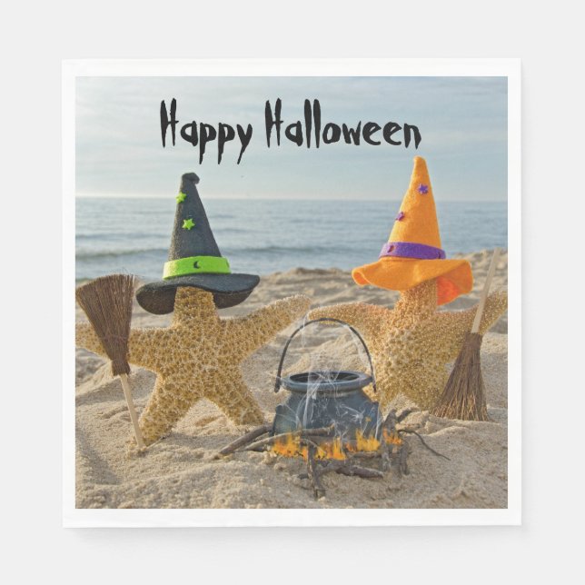 Serviette En Papier Halloween Plage Étoiles de Mer Sorcières (Devant)