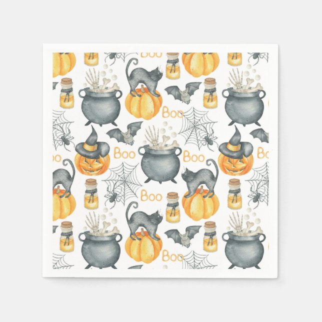 Serviette En Papier Halloween Whimsical Cauldron et Motif de chats (Devant)