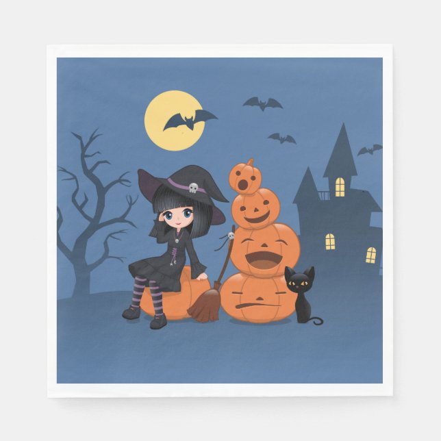 Serviette En Papier Halloween Witch, Chat noir et Citrouille (Devant)