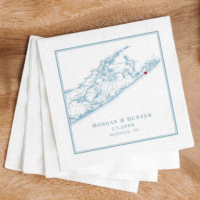 Serviette En Papier Hamptons Montauk Élégant Mariage bleu huître (Elegant Montauk NY Wedding napkins in Oyster Blue with Hamptons map by Coastal Map Designs)