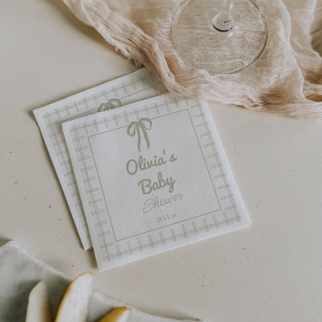 Serviette En Papier Hand Drawn Green Retro Gingham Bow Baby Shower (Créateur téléchargé)