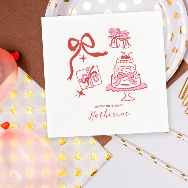 Serviette En Papier Hand Drawn Red Pink Doodles Birthday Party (Créateur téléchargé)