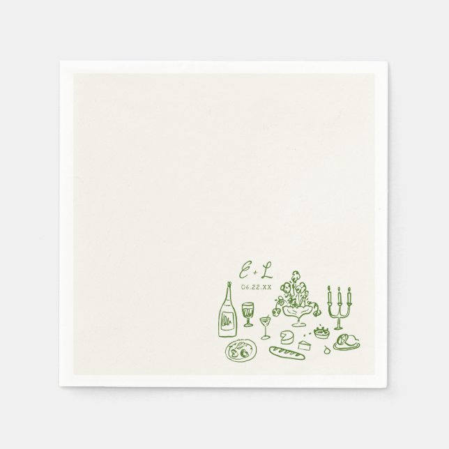 Serviette En Papier Hand Drawn Wedding Food Initials (Devant)