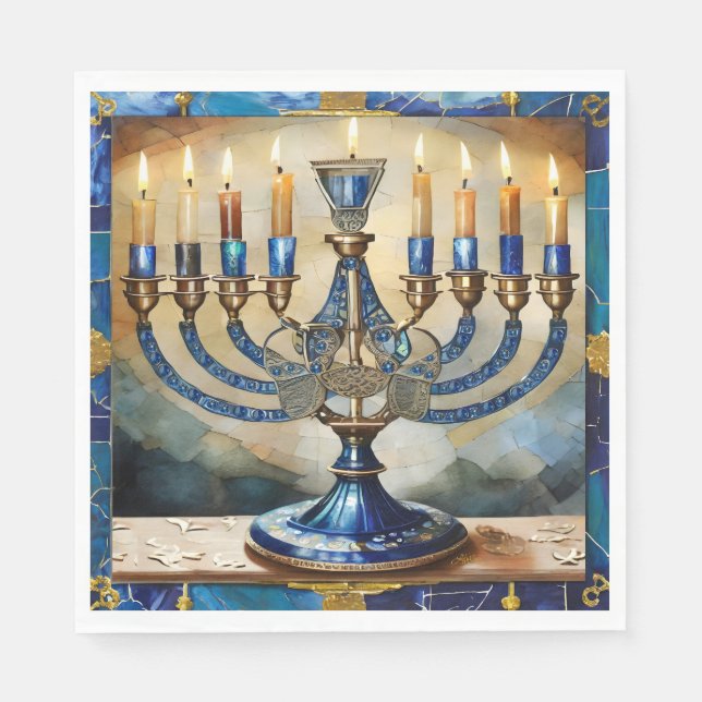 Serviette En Papier Hanoukka bleue Menorah (Devant)