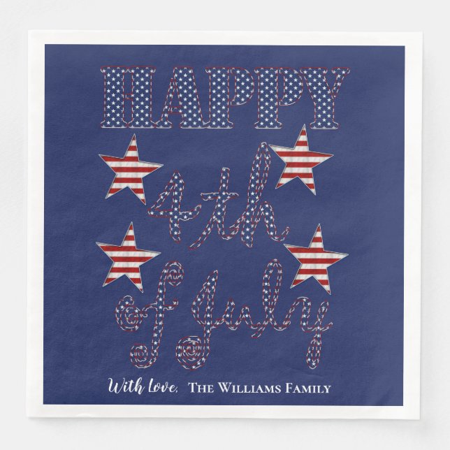 Serviette En Papier Happy 4 juillet Stars and Stripes Typographie (Devant)