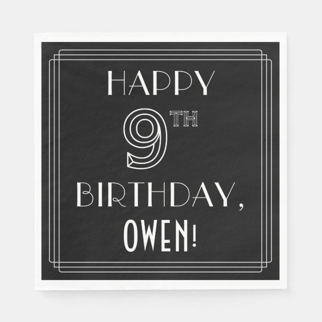 Serviette En Papier HAPPY 9E ANNIVERSAIRE ; Style Art Déco ; Nom perso (Devant)
