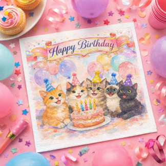 Serviette En Papier  Happy Birthday Cute Party Cats Paper Napkin