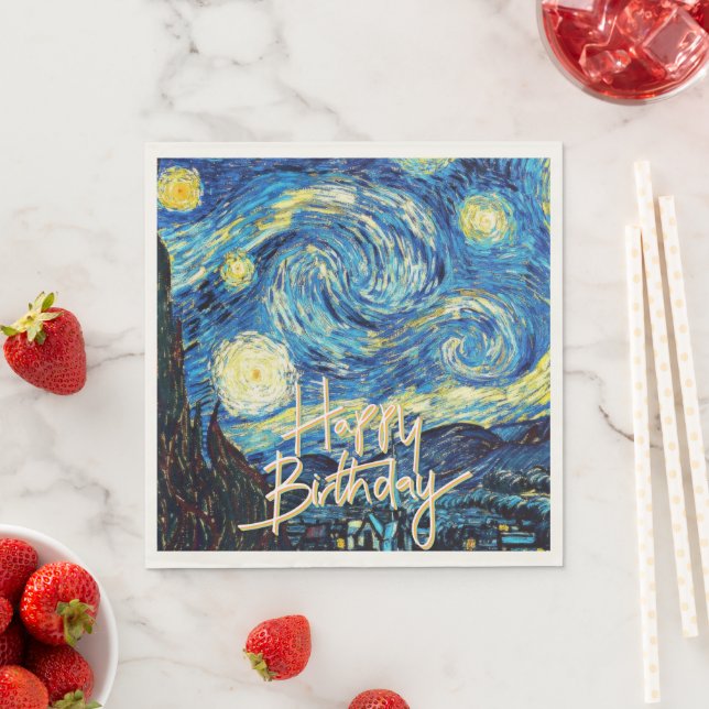 Serviette En Papier Happy Birthday, Starry Night fine art, (En situation)