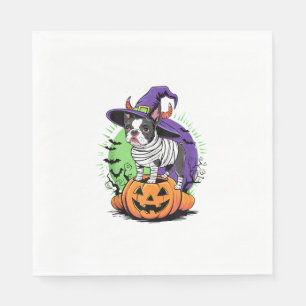 Serviette En Papier Happy Halloween avec Boston Terrier Mummy & Witch