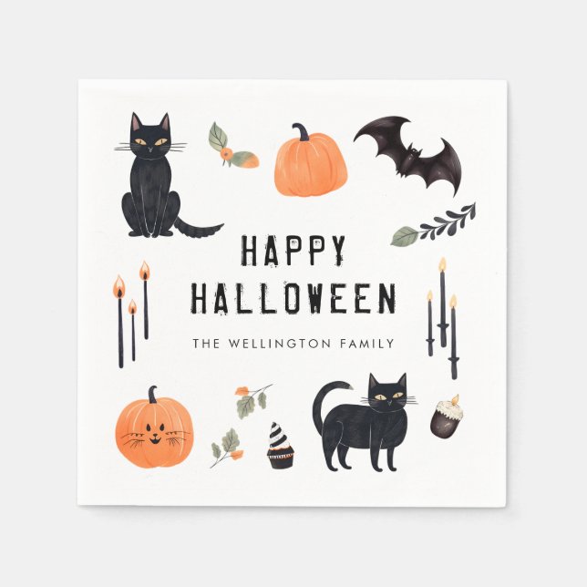 Serviette En Papier Happy Halloween Cute Chat Citrouille chauve (Devant)