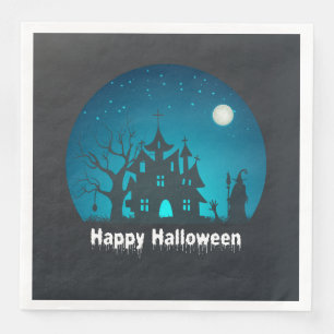 Serviette En Papier Happy Halloween Maison hantée bleue et noire