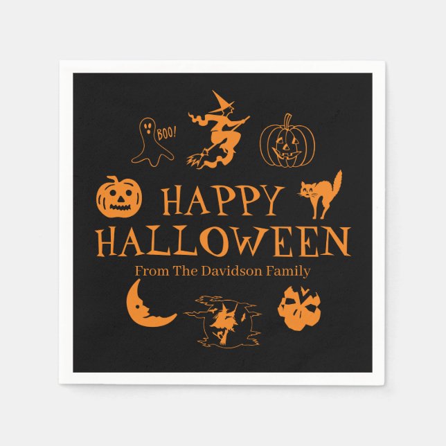 Serviette En Papier Happy Halloween nom personnalisé noir orange éffra (Devant)
