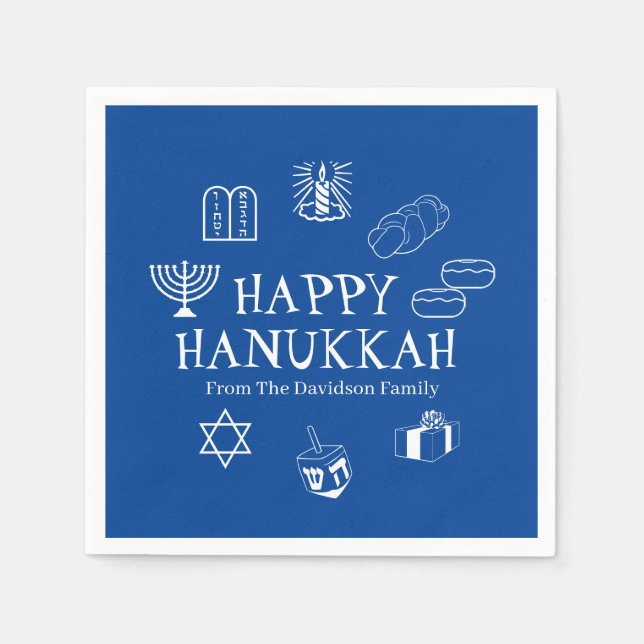 Serviette En Papier Happy Hanoukka bleu & blanc nom de famille personn (Devant)