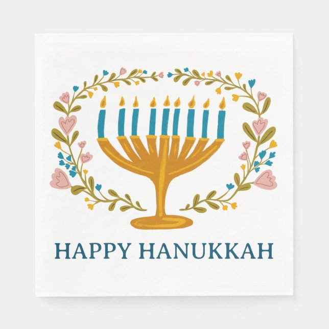 Serviette En Papier HAPPY HANOUKKA Floral MENORAH Jewish Holiday (Devant)