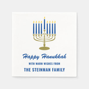 Serviette En Papier Happy Hanoukka Menorah White Blue Gold Nom de fami