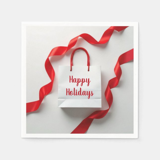 Serviette En Papier Happy Holidays Gift Bag With Red Ribbons (Devant)