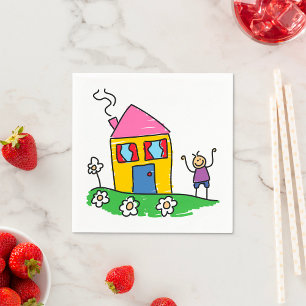 Serviette En Papier Happy Home Colorful House et Stick Figure