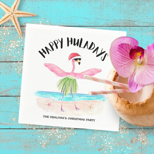 Serviette En Papier Happy Huladays Flamant rose Tropical Beach Noël (Créateur téléchargé)