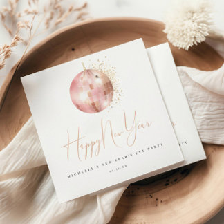 Serviette En Papier Happy New Year Blush Pink Rose Gold Disco Ball