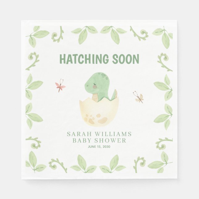 Serviette En Papier Hatching Bientôt Baby shower Dinosaur Aquarelle (Devant)