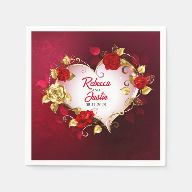 Serviette En Papier Heart Gold Rouge Floral Moderne Boho (Devant)