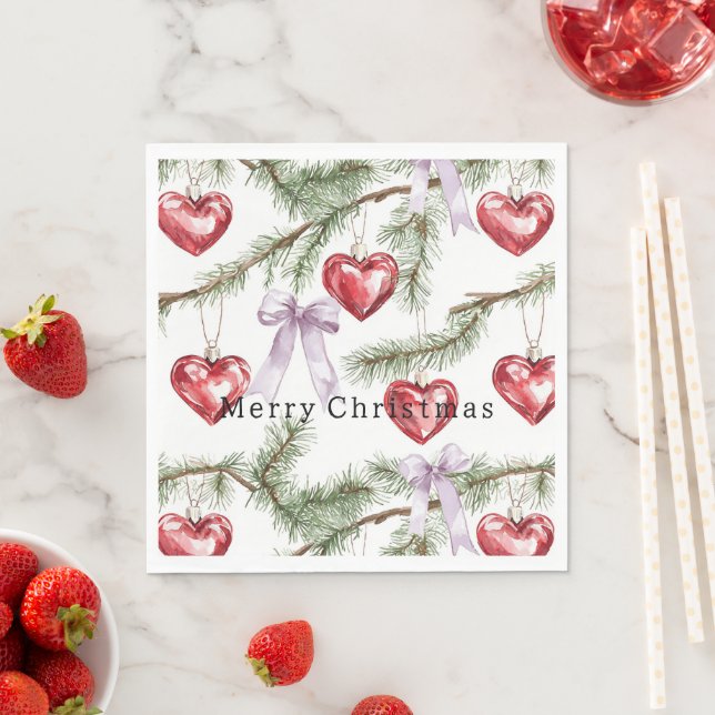 Serviette En Papier Hearts Trees Red Purple Bows Christmas (En situation)