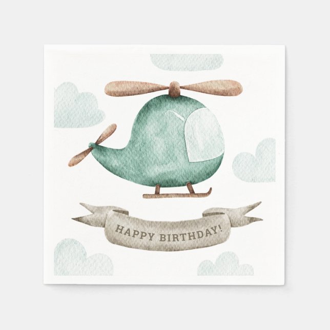 Serviette En Papier Hélicoptère aquarelle Anniversaire | Soirée Enfant (Devant)