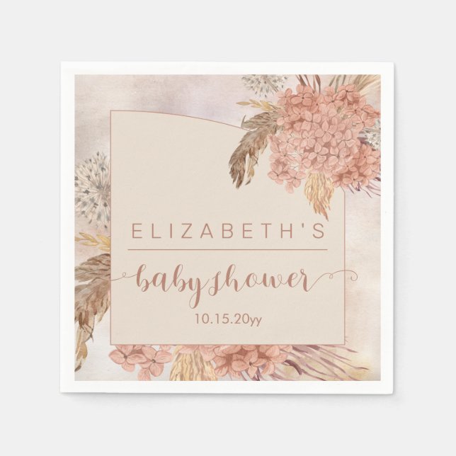 Serviette En Papier Herbe Boho Pampas | Baby shower fille Hydrangeas N (Devant)
