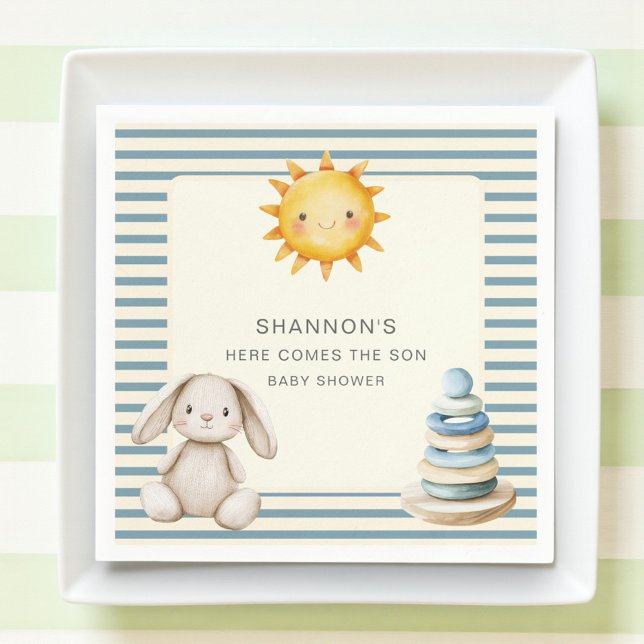 Serviette En Papier Here Comes the Son Baby Shower Napkins Blue Stripe (Créateur téléchargé)