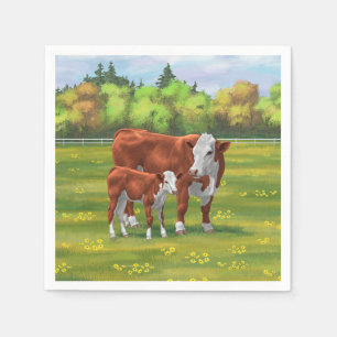 Serviette En Papier Hereford Cow & Cute Calf dans les pâturages d'été