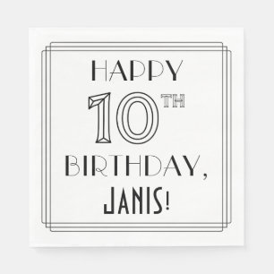 Serviette En Papier HEUREUX 10E ANNIVERSAIRE ; Style Art Déco ; Nom pe