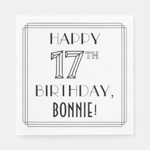 Serviette En Papier HEUREUX 17E ANNIVERSAIRE ; Style Art Déco ; Nom pe