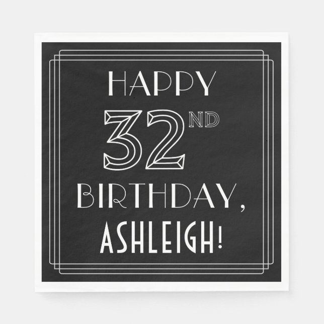 Serviette En Papier HEUREUX 32E ANNIVERSAIRE ; Style Art Déco ; Nom pe (Devant)