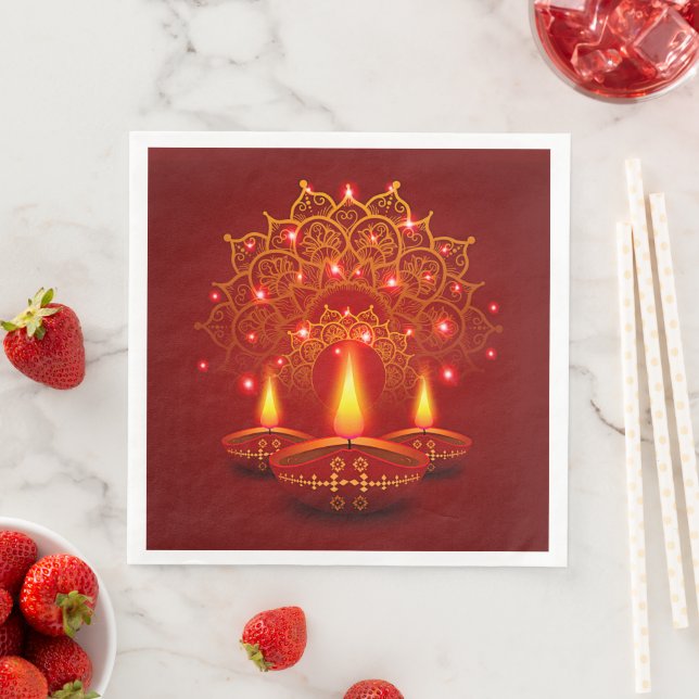 Serviette En Papier Heureux Diwali Rouge or étincelle Mandala Diya bou (En situation)