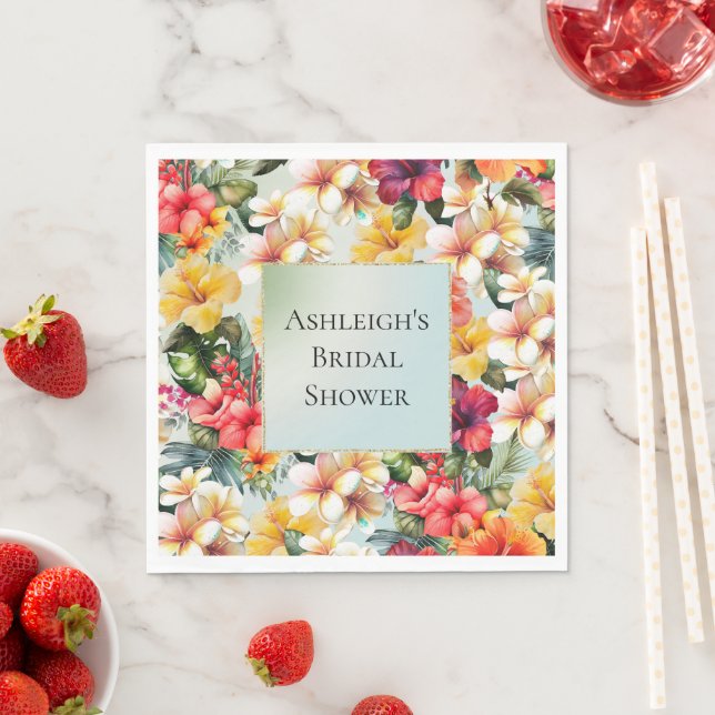 Serviette En Papier Hibiscus floral rouge tropical blanc jaune (En situation)