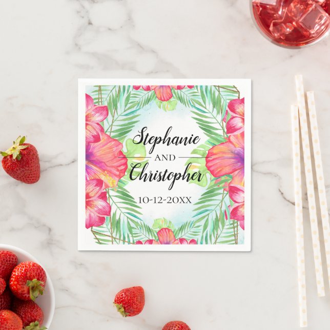 Serviette En Papier Hibiscus tropical Fleur d'aquarelle de plage Maria (En situation)