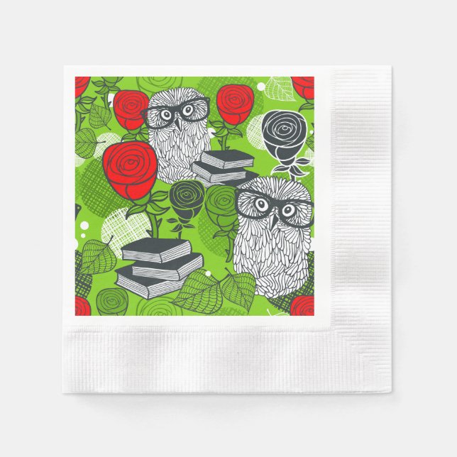 Serviette En Papier Hibou dans des roses rouges (Devant)
