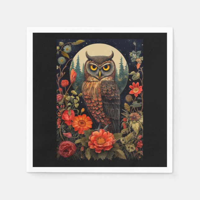 Serviette En Papier Hibou la nuit avec une pleine lune (Devant)