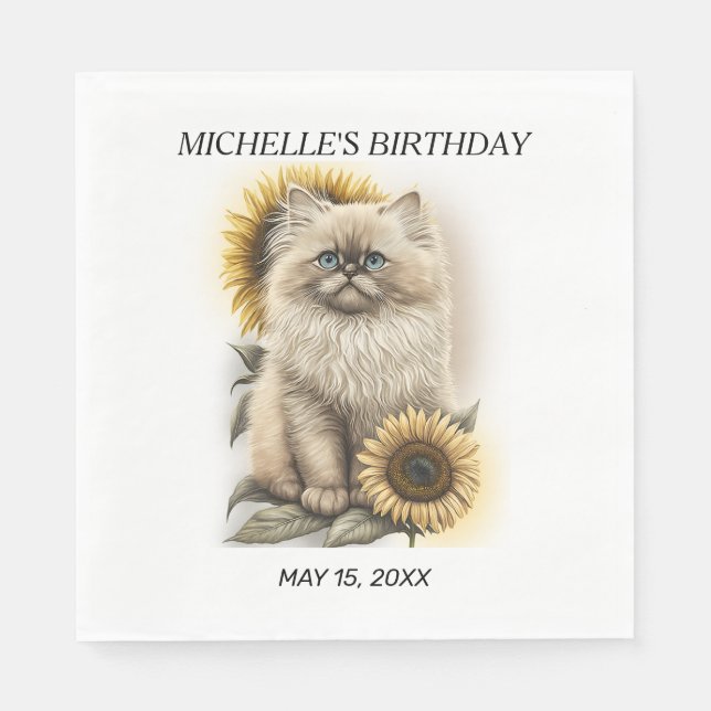 Serviette En Papier Himalayan Kitten Chat Tournesols Nom anniversaire (Devant)