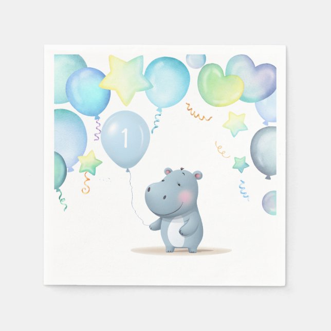 Serviette En Papier Hippo Anniversaire bleu doux (Devant)