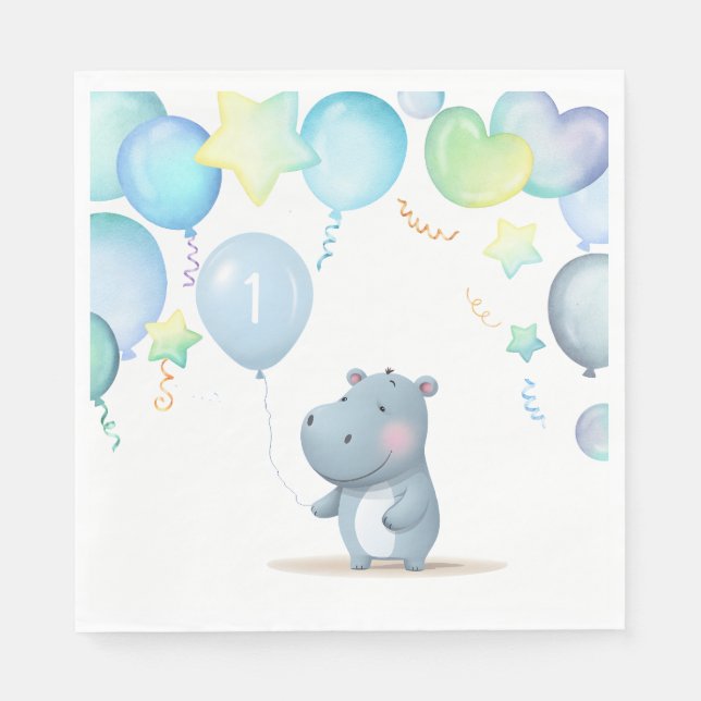 Serviette En Papier Hippo Anniversaire doux bleu simple serviettes (Devant)