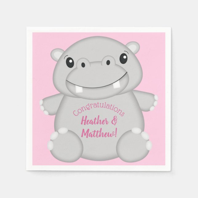 Serviette En Papier Hippo Baby shower rose (Devant)
