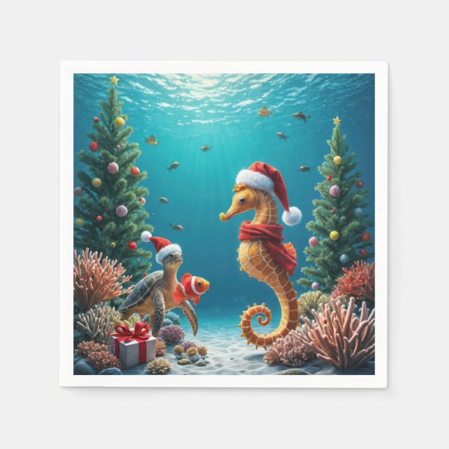 Serviette En Papier Hippocampe de Noël sous-marin et tortue de mer (Devant)